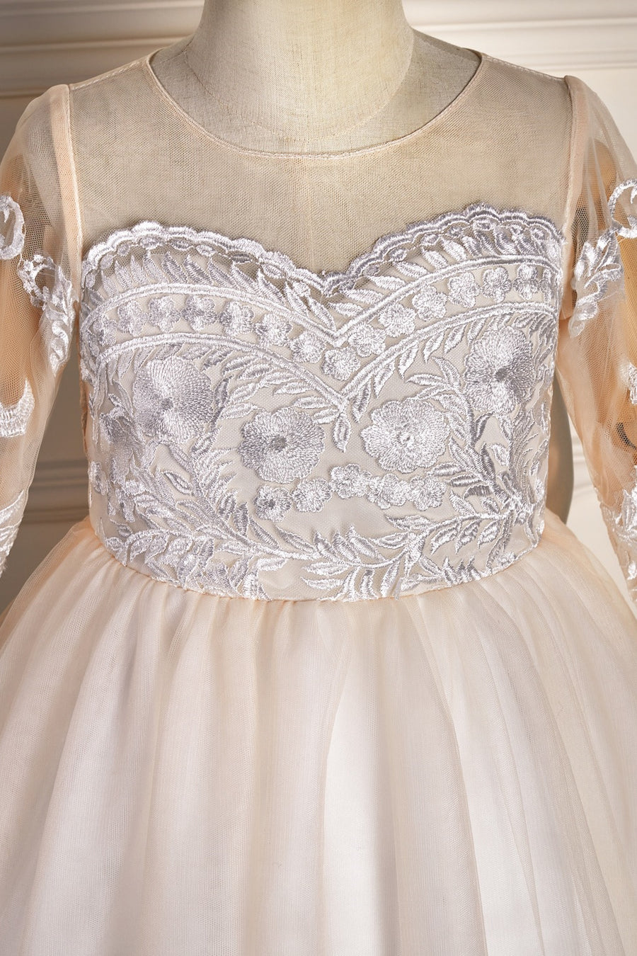 Ivory Long Sleeves Tulle Lace Long Flower Girl Dress