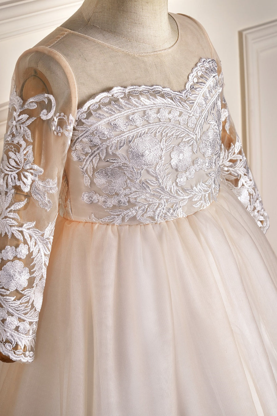 Ivory Long Sleeves Tulle Lace Long Flower Girl Dress