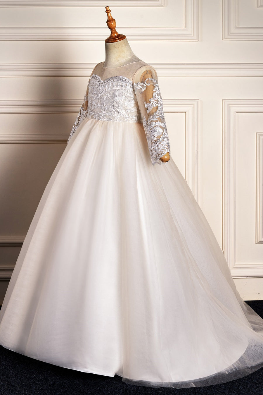 Ivory Long Sleeves Tulle Lace Long Flower Girl Dress