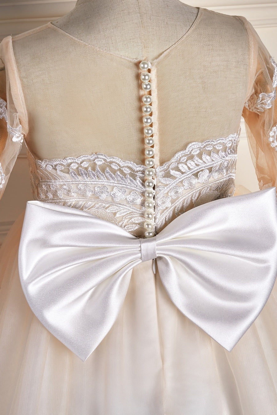 Ivory Long Sleeves Tulle Lace Long Flower Girl Dress