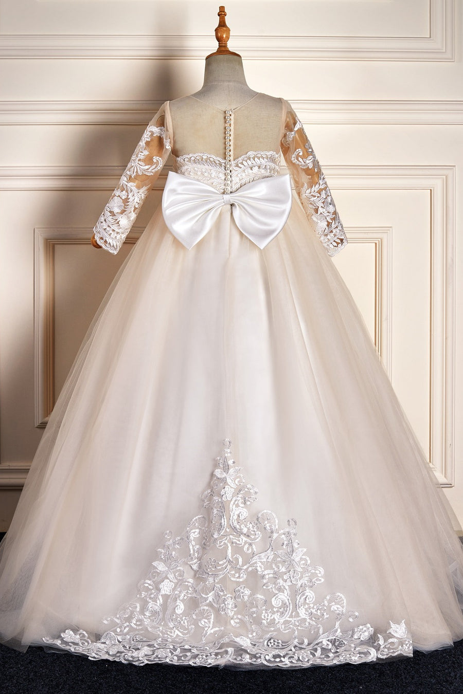 Ivory Long Sleeves Tulle Lace Long Flower Girl Dress