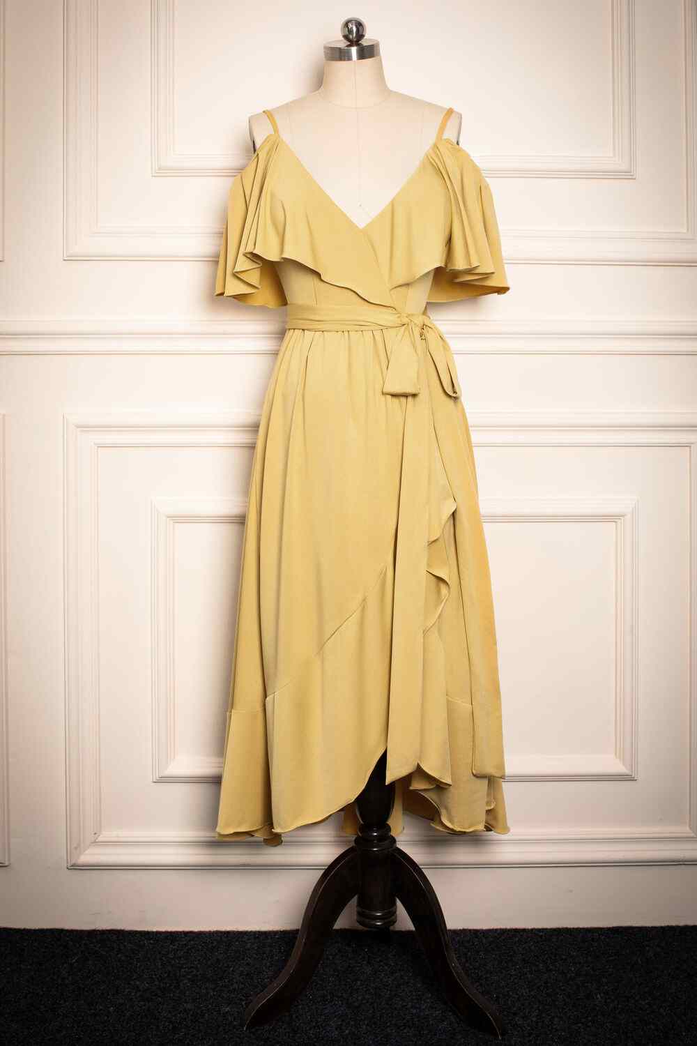 Yellow A-line V Neck Flaunt Sleeves Faux-Wrap Chiffon Long Bridesmaid Dress
