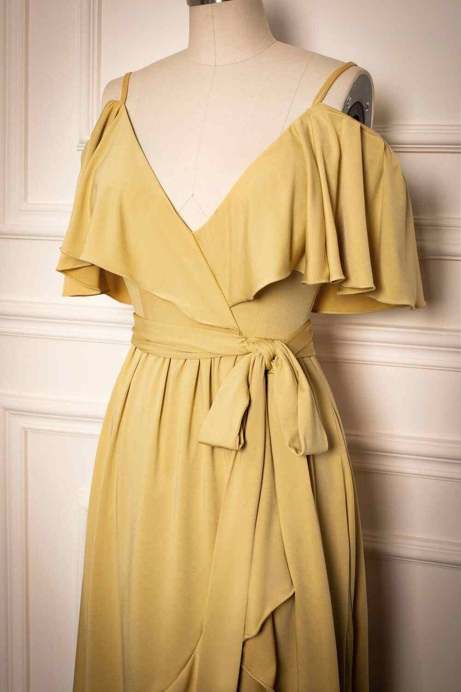 Yellow A-line V Neck Flaunt Sleeves Faux-Wrap Chiffon Long Bridesmaid Dress