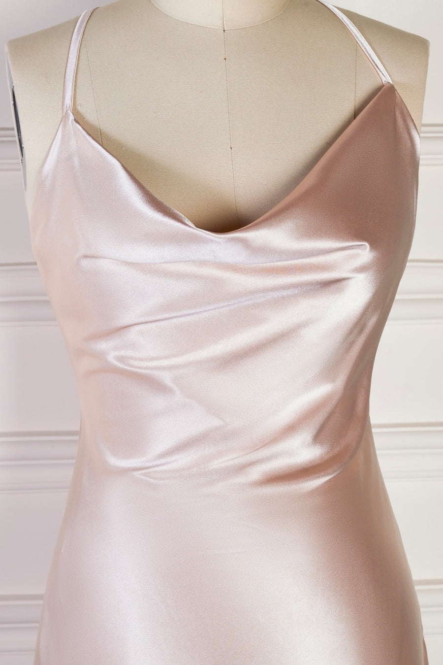 Champagne Mermaid Spaghetti Straps Satin Backless Long Bridesmaid Dress