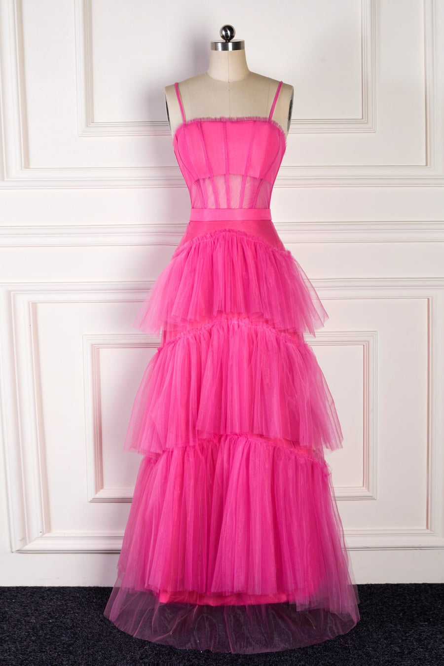 Straps Tulle A-Line Sheer Empire Tiered Prom Party Dress