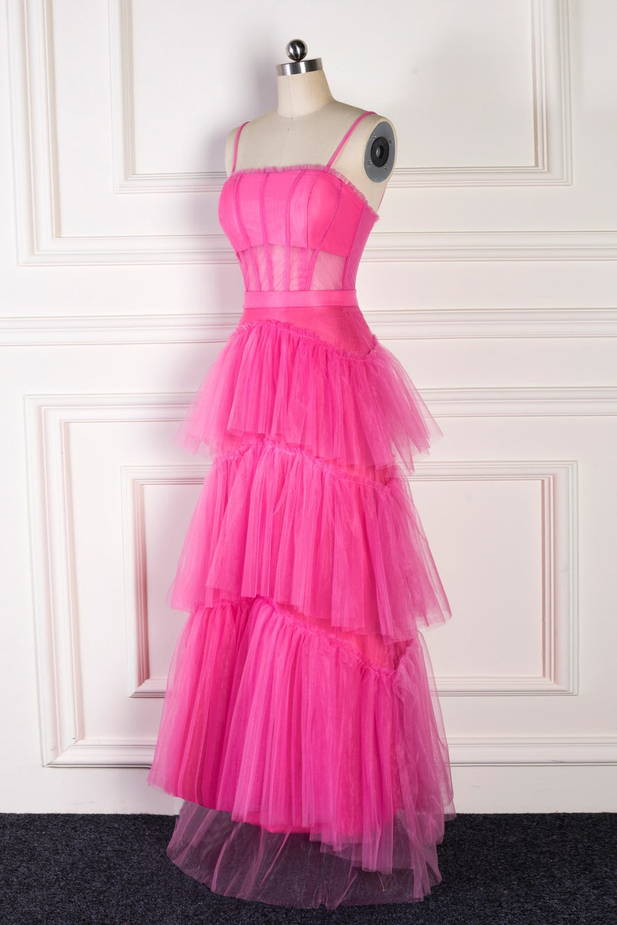 Fuchsia A-line Spaghetti Straps boning Sheer Long Prom Dress