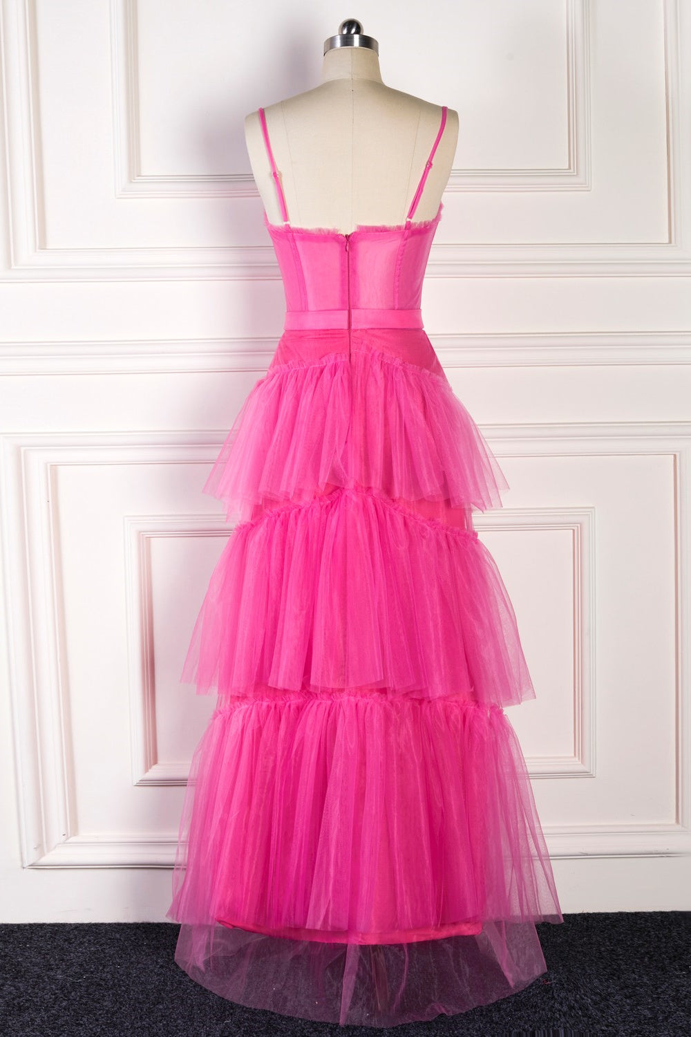 Sparkly Fuchsia A-Line Spaghetti Straps Pleated Long Formal Dress