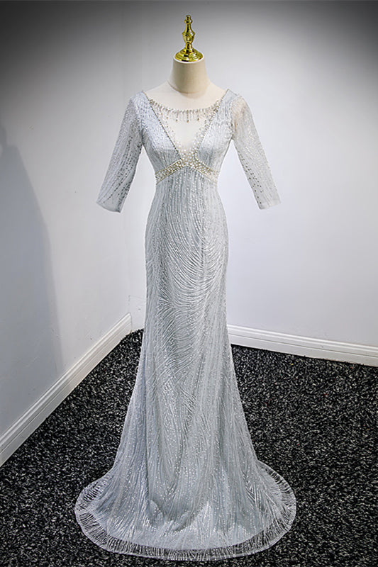 Grey Mermaid Illusion Neck Sleeves Beaded  Long Formal Dress