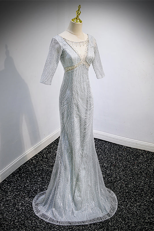Grey Mermaid Illusion Neck Sleeves Beaded  Long Formal Dress