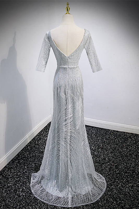 Grey Mermaid Illusion Neck Sleeves Beaded  Long Formal Dress