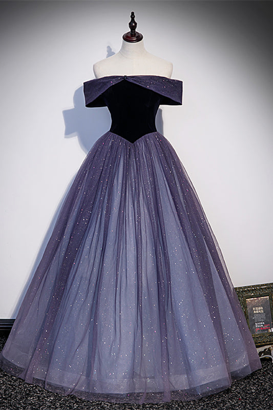 Lavender Sparkly Off-the-Shoulder Tulle Lace-Up Back Long Formal Dress