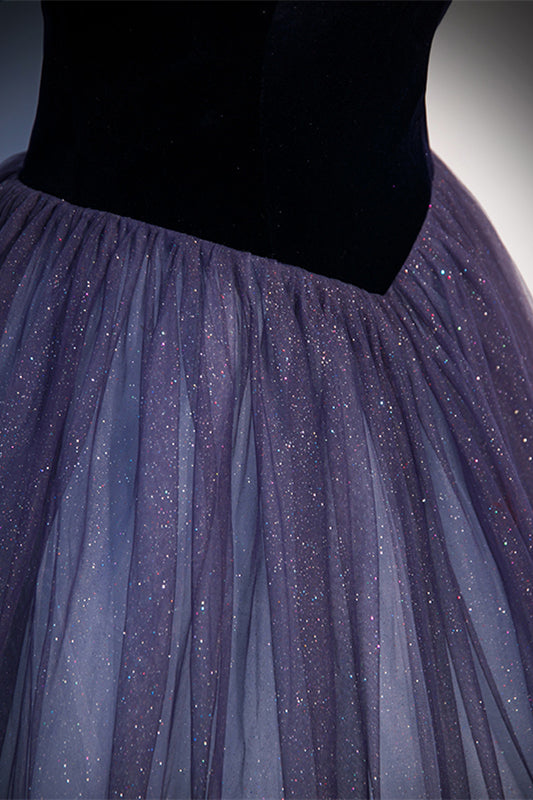 Lavender Sparkly Off-the-Shoulder Tulle Lace-Up Back Long Formal Dress