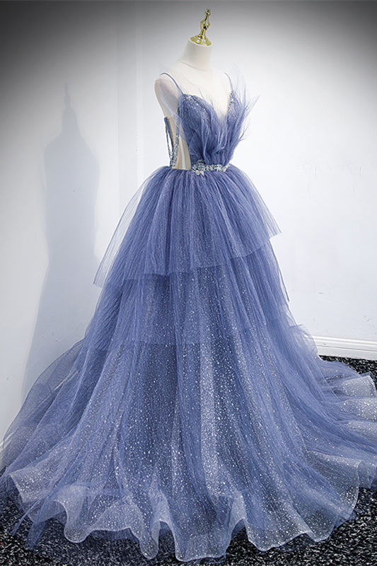 Lavender V Neck Beading Straps Multi-Layers Tulle Long Formal Dress