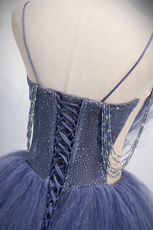 Sparkly Tulle A-Line Tiered Spaghetti Straps Prom Dress