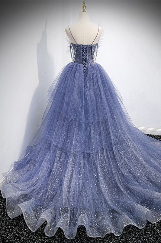 Lavender V Neck Beading Straps Multi-Layers Tulle Long Formal Dress