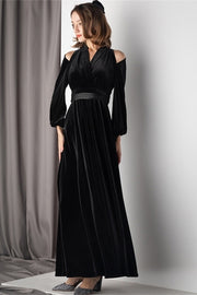 Long Sleeves Black Velvet Dress