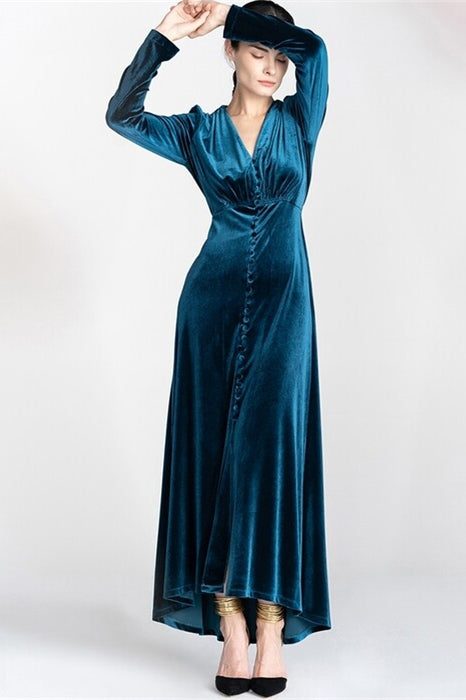 Long Sleeves Blue Velvet Retro Dress