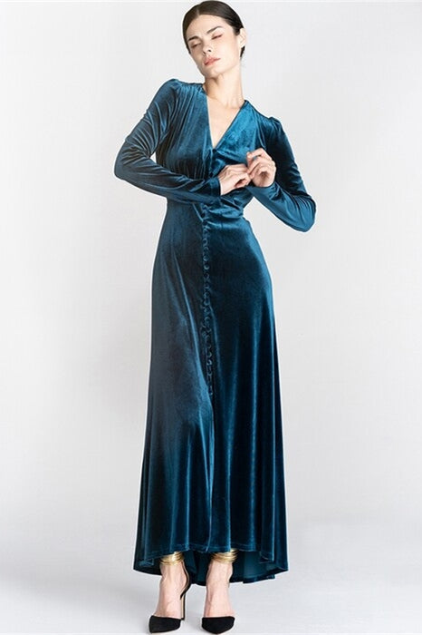 Long Sleeves Blue Velvet Retro Dress