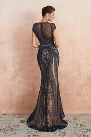 Luxurious Champagne Tulle Long Evening Dress with Cap Sleeves