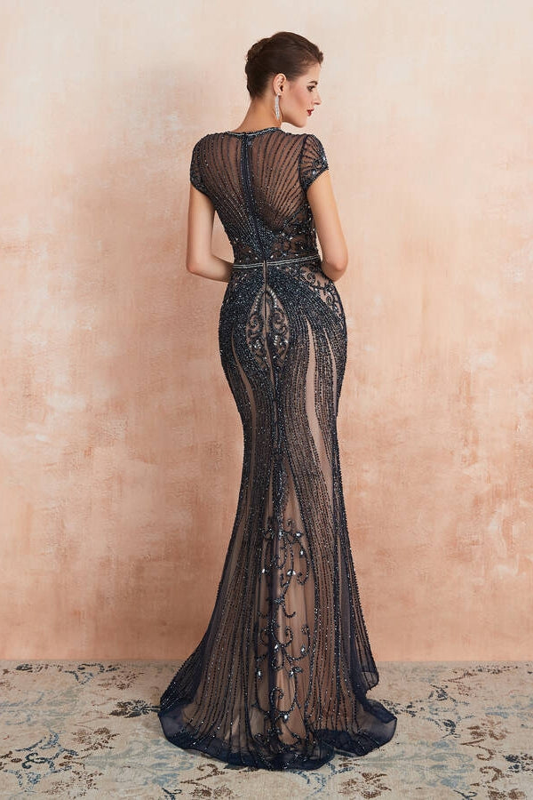 Luxurious Champagne Tulle Long Evening Dress with Cap Sleeves