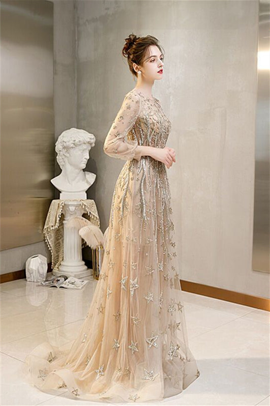 Luxurious Long Sleeves Gold Long Evening Dress