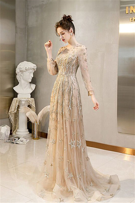 Luxurious Long Sleeves Gold Long Evening Dress