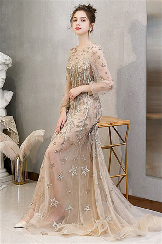 Luxurious Long Sleeves Gold Long Evening Dress