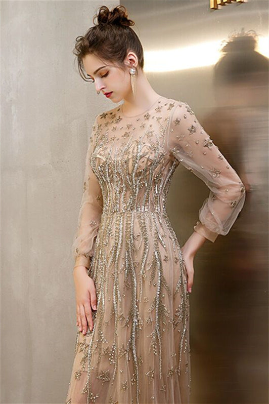 Luxurious Long Sleeves Gold Long Evening Dress