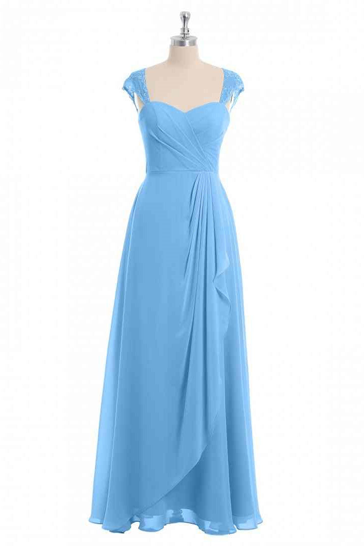 Blue A-line Cap Sleeves Chiffon Long Bridesmaid Dress