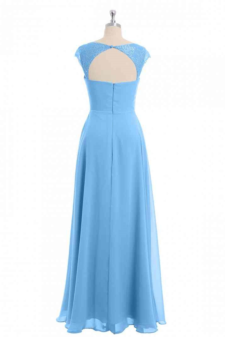 Blue A-line Cap Sleeves Chiffon Long Bridesmaid Dress