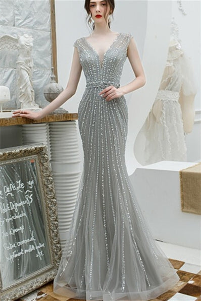 Mermaid Beaded Grey Long Evening Dress