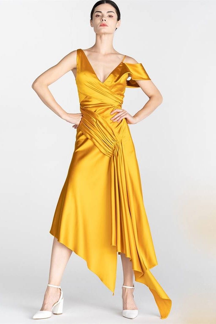 Mustard Yellow Asymmetrical Tea Length Party Dress