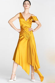 Mustard Yellow Asymmetrical Tea Length Party Dress