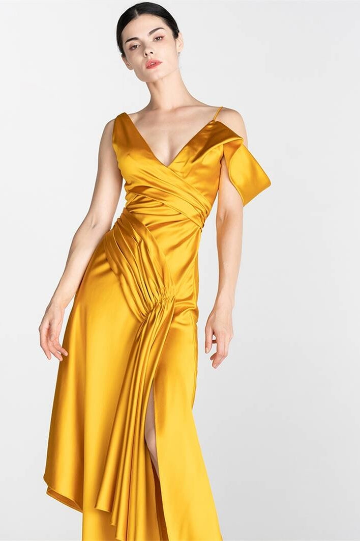 Mustard Yellow Asymmetrical Tea Length Party Dress