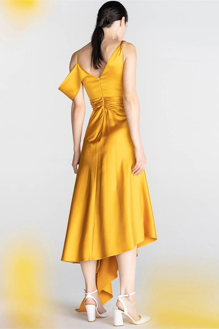 Mustard Yellow Asymmetrical Tea Length Party Dress