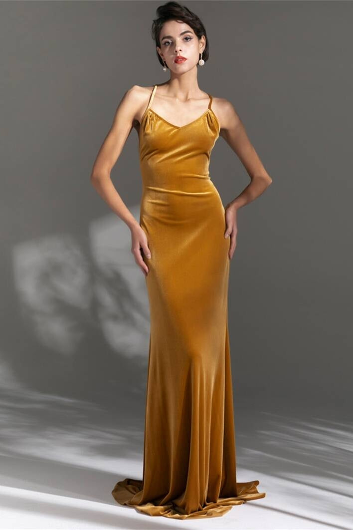 Mustard Yellow Velvet Long Dress