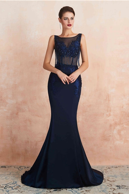 Navy Blue Scoop Sleeveless Mermaid Appliques Party Prom Dress | Joyofdress Navy Blue Scoop Sleeveless Mermaid Appliques Party Prom Dress | Joyofdress