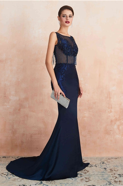 Navy Blue Mermaid Long Evening Dress