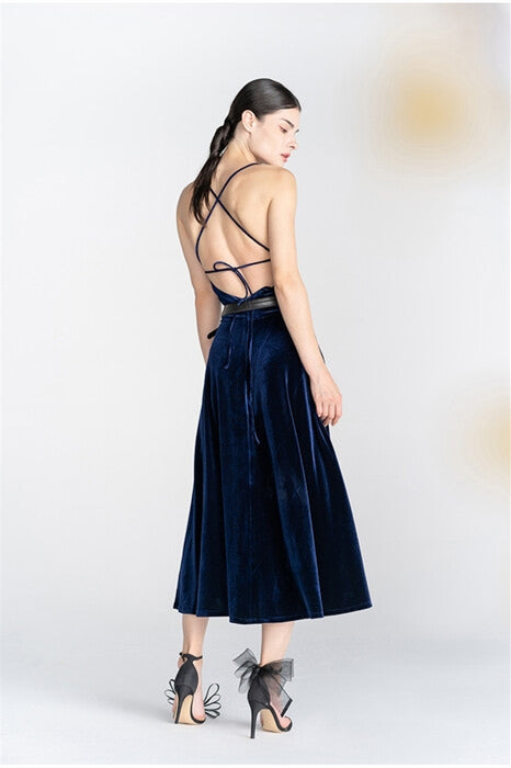 Navy Blue Spaghetti Straps Lae-Up Velvet Midi Party Dress Navy Blue / US 8
