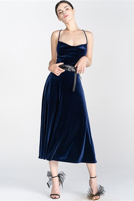 Navy Blue Velvet Midi Dress