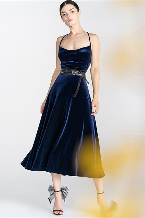Navy Blue Spaghetti Straps Lae-Up Velvet Midi Party Dress Navy Blue / US 8 Navy Blue Spaghetti Straps Lae-Up Velvet Midi Party Dress Navy Blue / US 8