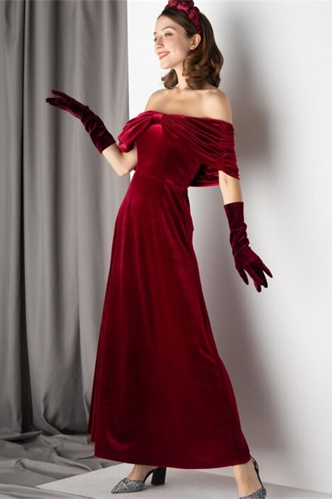 Off the Shoulder Empire A-Line Burgundy Velvet Party Prom Dress | Joyofdress Off the Shoulder Empire A-Line Burgundy Velvet Party Prom Dress | Joyofdress