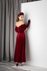 Off the Shoulder Burgundy Velvet Midi Dress