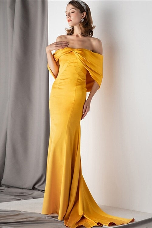 Off the Shoulder Mustard Yellow Evening Dress