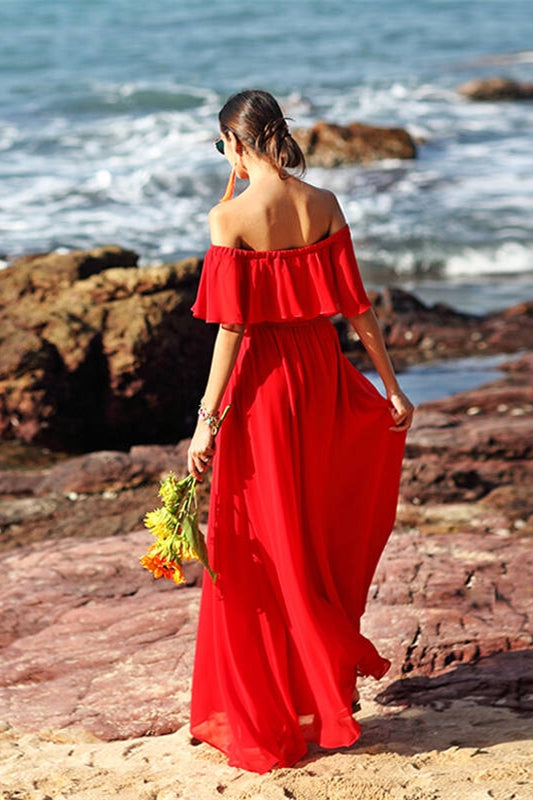 red off the shoulder maxi dress Sensations Satin Medium Stretch Off the Shoulder Red Chiffon