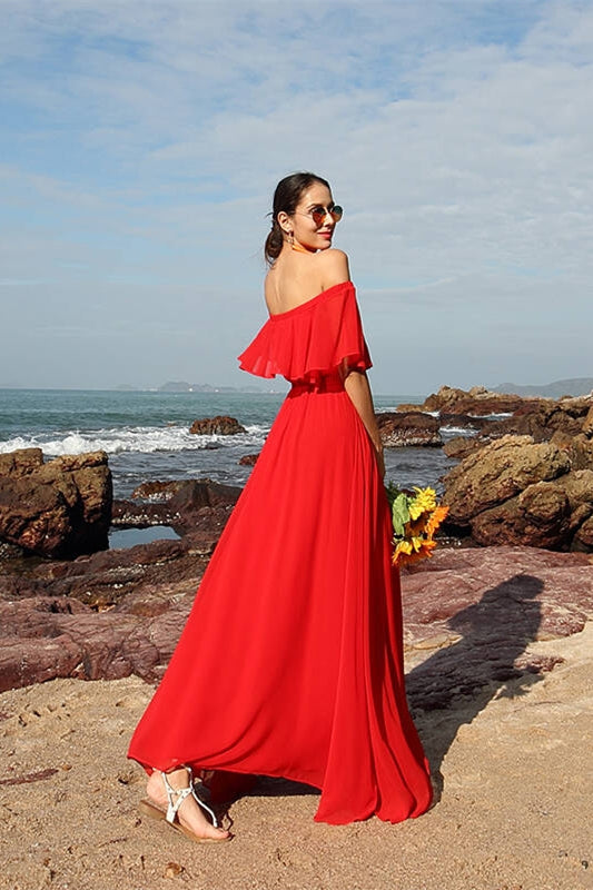 Off the Shoulder Red Chiffon Maxi Dress