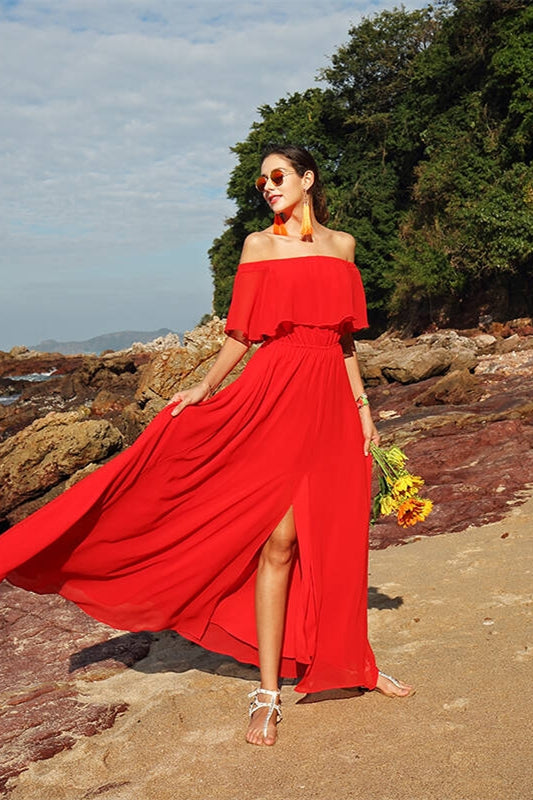 Off the Shoulder Red Chiffon Maxi Dress Red / US 14