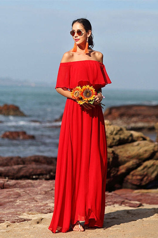 Off the Shoulder Red Chiffon Maxi Dress