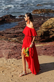 Off the Shoulder Red Chiffon Maxi Dress