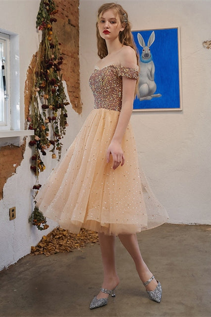 Off the Shoulder Short Gold Party Dress – Joyofdress
